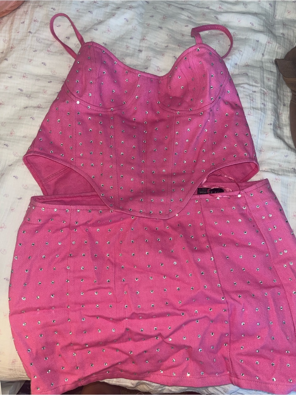 White Fox Boutique hot pink rhinestone corset & skirt set